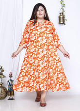 Plus Size Orange Print Flared Long Kurta-400026